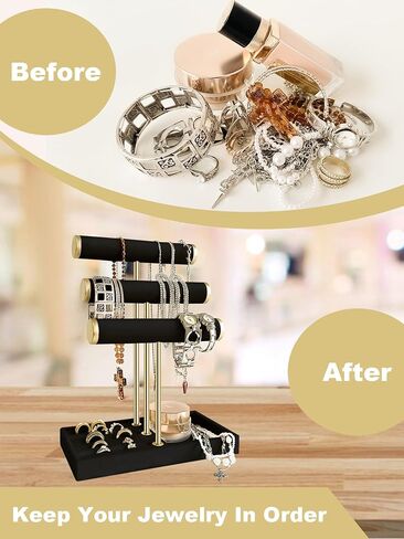 Velvet Jewelry Display Stand - 3 Tier Detachabler Bracelet Holde Organizer with T-Bar for Bracelets, Necklaces, Watches, Rings, Earrings & Scrunchies (Black) in Saudi Arabia