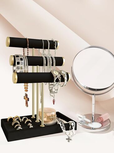 Velvet Jewelry Display Stand - 3 Tier Detachabler Bracelet Holde Organizer with T-Bar for Bracelets, Necklaces, Watches, Rings, Earrings & Scrunchies (Black) in Saudi Arabia