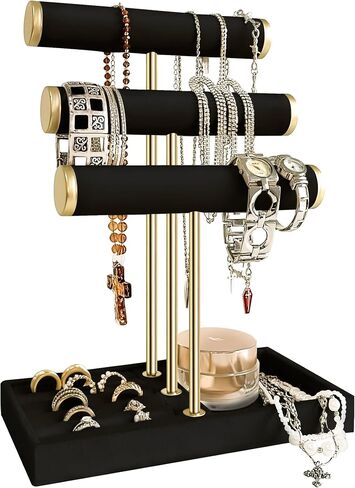 Velvet Jewelry Display Stand - 3 Tier Detachabler Bracelet Holde Organizer with T-Bar for Bracelets, Necklaces, Watches, Rings, Earrings & Scrunchies (Black) in Saudi Arabia