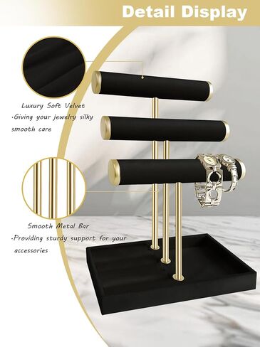 Velvet Jewelry Display Stand - 3 Tier Detachabler Bracelet Holde Organizer with T-Bar for Bracelets, Necklaces, Watches, Rings, Earrings & Scrunchies (Black) in Saudi Arabia