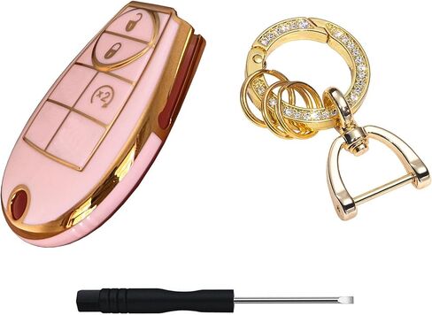 Key Protective Shell for Dodge Key Fob Cover with Keychain Fit for Dodge RAM 1500 2500 3500 Grand Caravan Journey Durango Jeep Grand Cherokee Smart Key Accessories (Pink-Gold, 4-Button) in Saudi Arabia