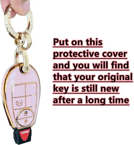 Key Protective Shell for Dodge Key Fob Cover with Keychain Fit for Dodge RAM 1500 2500 3500 Grand Caravan Journey Durango Jeep Grand Cherokee Smart Key Accessories (Pink-Gold, 4-Button) in Saudi Arabia