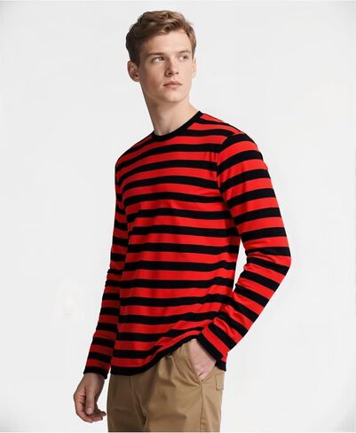 Men's Striped Shirts Long Sleeve, T-Shirt Crewneck Cotton Blend Stripes Top Casual Tee in Kuwait
