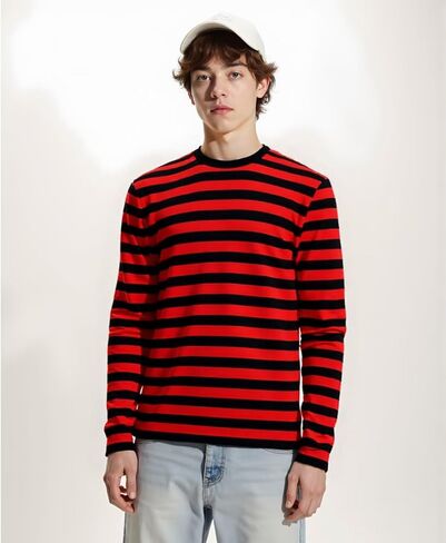 Men's Striped Shirts Long Sleeve, T-Shirt Crewneck Cotton Blend Stripes Top Casual Tee in Kuwait