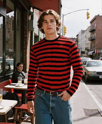 Men's Striped Shirts Long Sleeve, T-Shirt Crewneck Cotton Blend Stripes Top Casual Tee in Kuwait