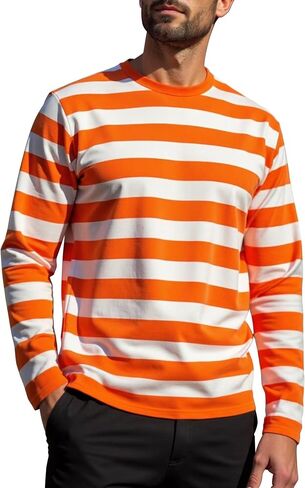 Men's Striped Shirts Long Sleeve, T-Shirt Crewneck Cotton Blend Stripes Top Casual Tee in Kuwait