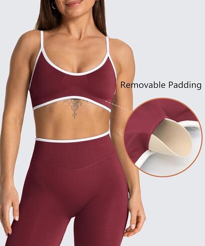 Women's Color Block Seamless Sports Bra Adjustable Thin Straps Workout Top Removable Pads Gym Yoga Crop Tops in Kuwait