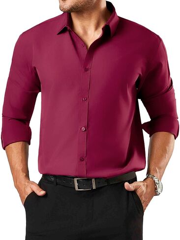 قمصان رجالي 4-Way تمتد كم طويل سليم صالح تنفس التجاعيد الحرة الصلبة الأعمال الرسمية زر أسفل قميص in Kuwait