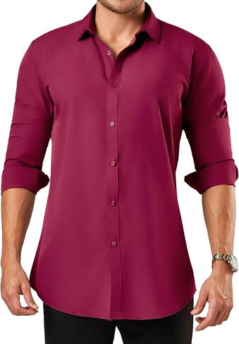 قمصان رجالي 4-Way تمتد كم طويل سليم صالح تنفس التجاعيد الحرة الصلبة الأعمال الرسمية زر أسفل قميص in Kuwait