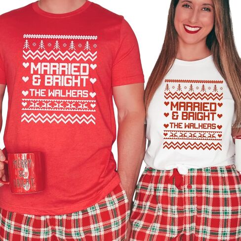 Married And Bright Ugly Sweater Christmas Shirts, Our First Christmas Married Couple Outfits, 1st Christmas as Mr and Mrs Couple Shirts, Just Married Christmas Couples Pajamas Matching Sets, His Hers in Saudi Arabia