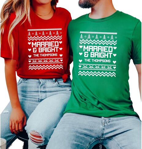 Married And Bright Ugly Sweater Christmas Shirts, Our First Christmas Married Couple Outfits, 1st Christmas as Mr and Mrs Couple Shirts, Just Married Christmas Couples Pajamas Matching Sets, His Hers in Saudi Arabia