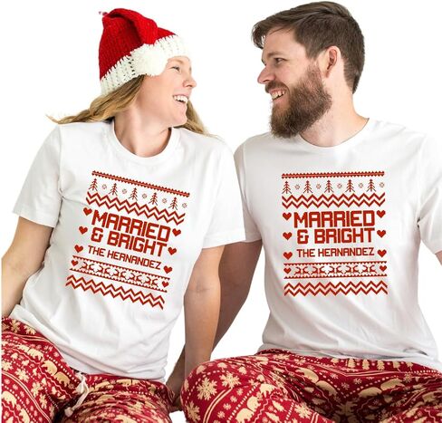 Married And Bright Ugly Sweater Christmas Shirts, Our First Christmas Married Couple Outfits, 1st Christmas as Mr and Mrs Couple Shirts, Just Married Christmas Couples Pajamas Matching Sets, His Hers in Saudi Arabia