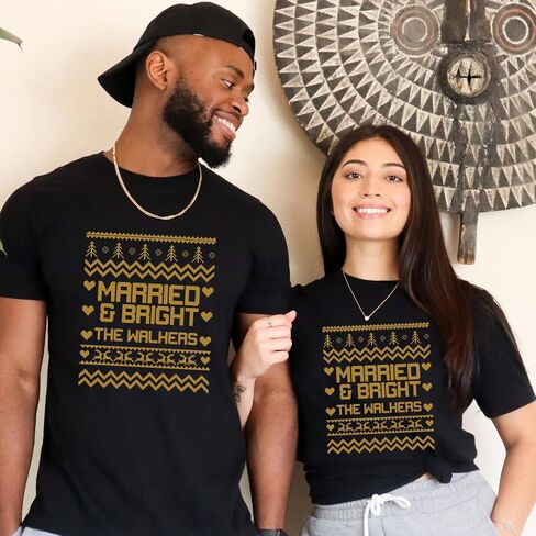 Married And Bright Ugly Sweater Christmas Shirts, Our First Christmas Married Couple Outfits, 1st Christmas as Mr and Mrs Couple Shirts, Just Married Christmas Couples Pajamas Matching Sets, His Hers in Saudi Arabia