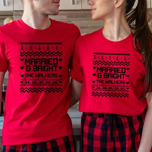 Married And Bright Ugly Sweater Christmas Shirts, Our First Christmas Married Couple Outfits, 1st Christmas as Mr and Mrs Couple Shirts, Just Married Christmas Couples Pajamas Matching Sets, His Hers in Saudi Arabia