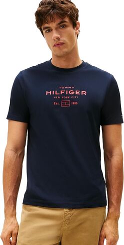 تي شيرتات Tommy Hilfiger للرجال بأكمام قصيرة من القطن مع تصميمات شعار مكدسة in Kuwait