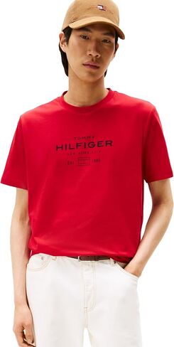 تي شيرتات Tommy Hilfiger للرجال بأكمام قصيرة من القطن مع تصميمات شعار مكدسة in Kuwait