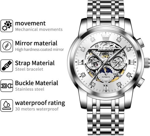 OLEVS Automatic Watches for Men Luxury Skeleton Mechanical Mens Watch Diamond Moon Phase Waterproof Date Self Winding Gentlemen Watch in Saudi Arabia