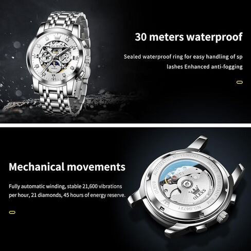 OLEVS Automatic Watches for Men Luxury Skeleton Mechanical Mens Watch Diamond Moon Phase Waterproof Date Self Winding Gentlemen Watch in Saudi Arabia