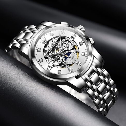 OLEVS Automatic Watches for Men Luxury Skeleton Mechanical Mens Watch Diamond Moon Phase Waterproof Date Self Winding Gentlemen Watch in Saudi Arabia