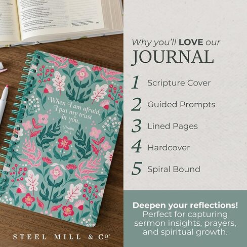 Steel Mill & Co Cute Floral Spiral Notebook Journal for Notes, 10.5" x 7.5" Sermon Notes and Church Notes Journal for Women with Durable Hardcover and 60 Lined Pages with Prompts, Navy Floral in Saudi Arabia
