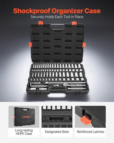 VEVOR Socket Set, 76 Pieces, 3/8 inch Drive Socket and Ratchet Set, SAE and Metric, Deep and Shallow, Mechanic Tool Kit with Accessories and Storage Case, CR-V Alloy Steel, for Automotive Repair in Saudi Arabia