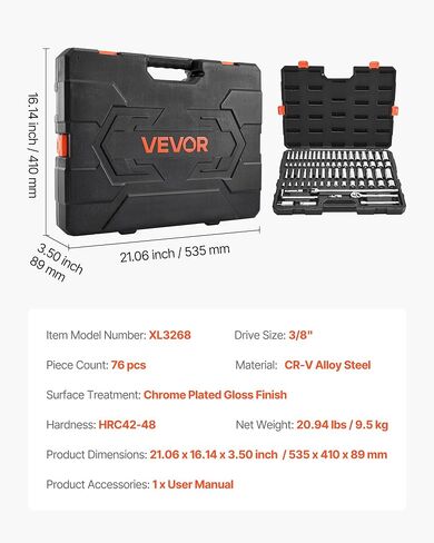 VEVOR Socket Set, 76 Pieces, 3/8 inch Drive Socket and Ratchet Set, SAE and Metric, Deep and Shallow, Mechanic Tool Kit with Accessories and Storage Case, CR-V Alloy Steel, for Automotive Repair in Saudi Arabia
