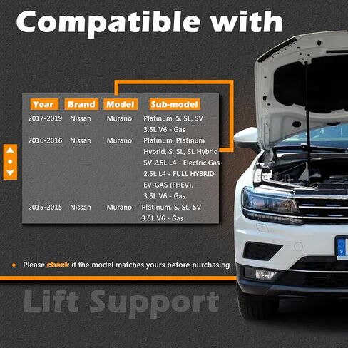 2 Pcs 14.93 in Front Hood Struts Lift Supports Compatible with Nissan Murano 15-18 Shock Gas Spring Prop Rod Cylinder Replaces E5C705AA0JNW 654705AA0A 654715AA0A in Saudi Arabia