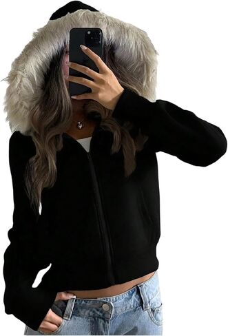 Verdusa Women's Fuzzy Furry Hooded Sweatshirt Sport Workout Zip Up Jacket with Pockets in Saudi Arabia