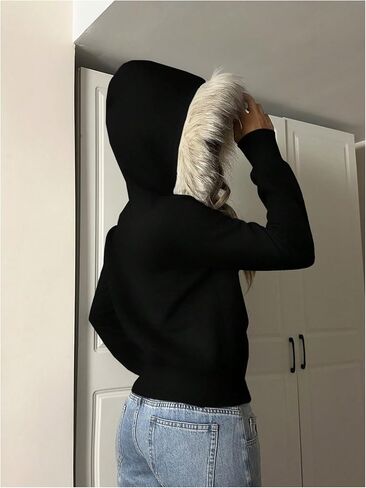 Verdusa Women's Fuzzy Furry Hooded Sweatshirt Sport Workout Zip Up Jacket with Pockets in Saudi Arabia