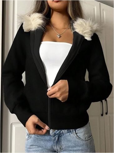 Verdusa Women's Fuzzy Furry Hooded Sweatshirt Sport Workout Zip Up Jacket with Pockets in Saudi Arabia
