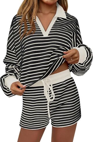 Tankaneo Womens Striped 2 Piece Sets Long Sleeve V Neck Polo Sweatshirt and Shorts Pajama Lounge Set Outfits in Saudi Arabia