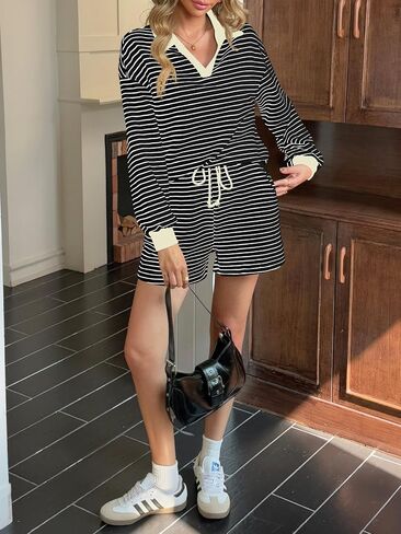 Tankaneo Womens Striped 2 Piece Sets Long Sleeve V Neck Polo Sweatshirt and Shorts Pajama Lounge Set Outfits in Saudi Arabia