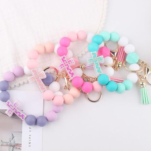 Flower Cross Silicone Beaded Wristlet Keychain Bracelet For Women Stretchy Charm Bracelet Wrist Key Chain in Kuwait