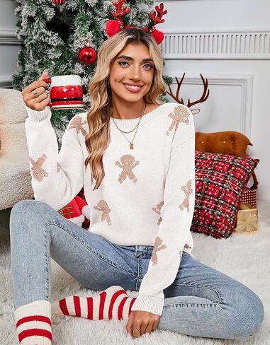 Women's Pullover Sweaters Long Sleeve Crew Neck Cute Multi-Hearts Knitted Casual Sweater in Kuwait