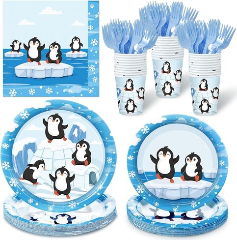 Zubebe 120 Pcs Arctic Animals Birthday Party Decorations Penguin Paper Plates and Napkins Serve for 24 Guests Polar Bear Disposable Dinnerware for Winter Party Decorations Supplies in Kuwait