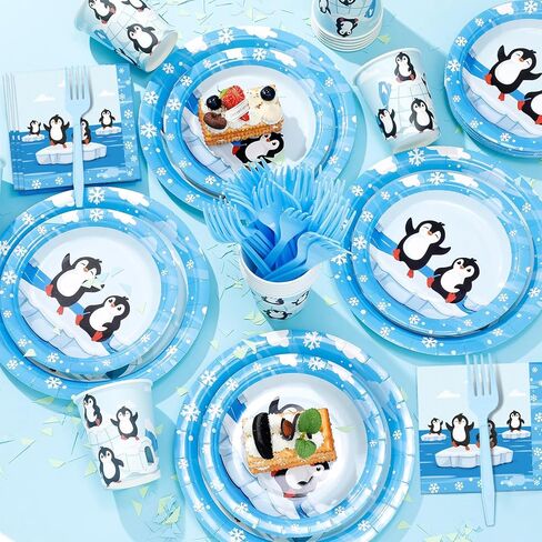 Zubebe 120 Pcs Arctic Animals Birthday Party Decorations Penguin Paper Plates and Napkins Serve for 24 Guests Polar Bear Disposable Dinnerware for Winter Party Decorations Supplies in Kuwait