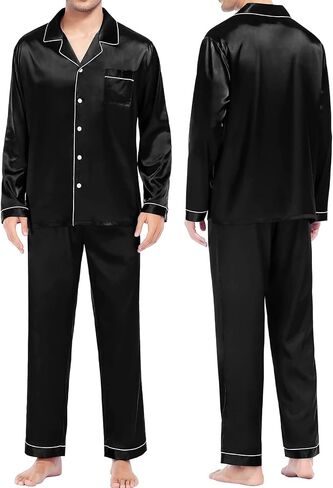 Womens Mens Silk Satin Pajamas Set Comfy Long Sleeve Sleepwear Button-Down Pj Two-piece Loungewear with Long Pants in Saudi Arabia