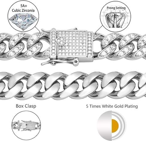 12 ملم رجل إمرأة مثلج خارج الكوبي ربط سلسلة المختنق 14 كيلو / الأبيض الذهب الحقيقي مطلي 5A + مكعب زركونيا الماس الكوبية الرقبة / سوار الهيب هوب مجوهرات للرجال in Kuwait