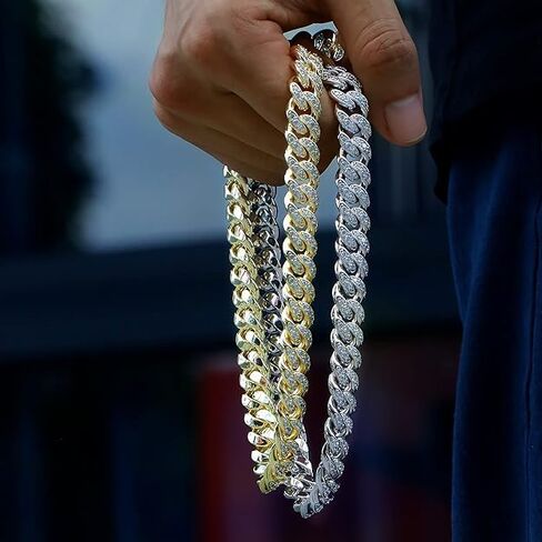 12 ملم رجل إمرأة مثلج خارج الكوبي ربط سلسلة المختنق 14 كيلو / الأبيض الذهب الحقيقي مطلي 5A + مكعب زركونيا الماس الكوبية الرقبة / سوار الهيب هوب مجوهرات للرجال in Kuwait