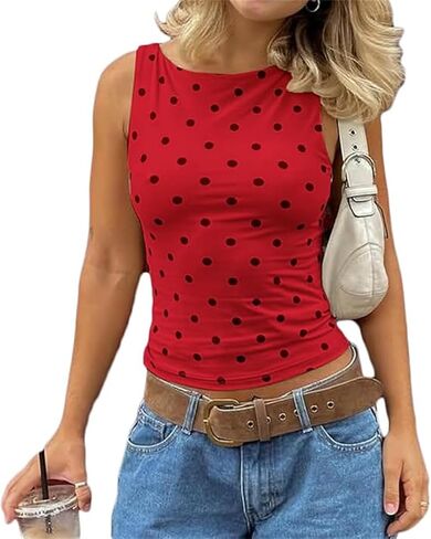 Women Polka Dot Tank Top Y2k Cami Shirt Sleeveless Vintage Crop Top Fairy Slim Fit Crew Neck Going Out Summer Top in Saudi Arabia