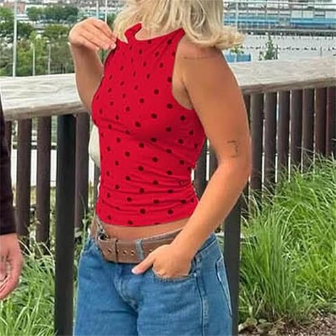 Women Polka Dot Tank Top Y2k Cami Shirt Sleeveless Vintage Crop Top Fairy Slim Fit Crew Neck Going Out Summer Top in Saudi Arabia