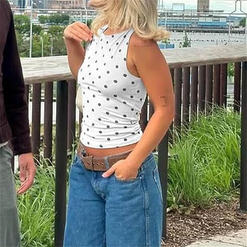 Women Polka Dot Tank Top Y2k Cami Shirt Sleeveless Vintage Crop Top Fairy Slim Fit Crew Neck Going Out Summer Top in Saudi Arabia