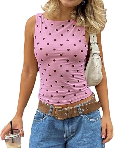 Women Polka Dot Tank Top Y2k Cami Shirt Sleeveless Vintage Crop Top Fairy Slim Fit Crew Neck Going Out Summer Top in Saudi Arabia