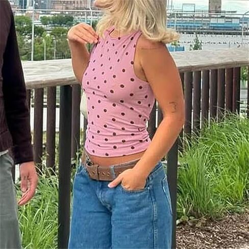 Women Polka Dot Tank Top Y2k Cami Shirt Sleeveless Vintage Crop Top Fairy Slim Fit Crew Neck Going Out Summer Top in Saudi Arabia