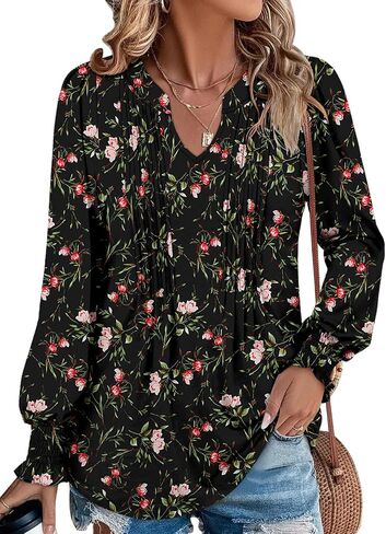BETTE BOUTIK Long Sleeve Shirts for Women Fall Tops Dressy Blouses Pleated V Neck Tunic Tops for Leggings S-3XL in Kuwait