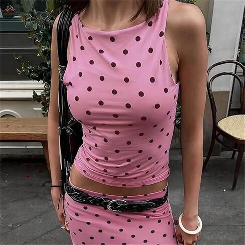 Women Polka Dot Tank Top Y2k Cami Shirt Sleeveless Vintage Crop Top Fairy Slim Fit Crew Neck Going Out Summer Top in Saudi Arabia