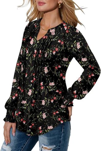 BETTE BOUTIK Long Sleeve Shirts for Women Fall Tops Dressy Blouses Pleated V Neck Tunic Tops for Leggings S-3XL in Kuwait