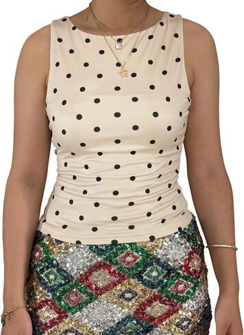 Women Polka Dot Tank Top Y2k Cami Shirt Sleeveless Vintage Crop Top Fairy Slim Fit Crew Neck Going Out Summer Top in Saudi Arabia
