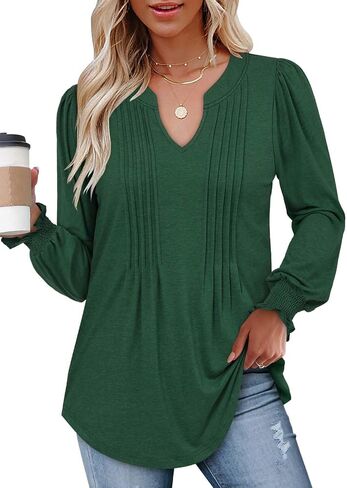 BETTE BOUTIK Long Sleeve Shirts for Women Fall Tops Dressy Blouses Pleated V Neck Tunic Tops for Leggings S-3XL in Kuwait