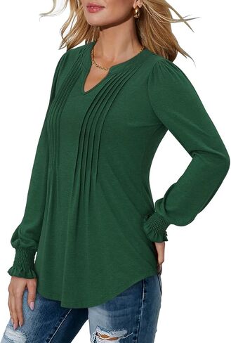 BETTE BOUTIK Long Sleeve Shirts for Women Fall Tops Dressy Blouses Pleated V Neck Tunic Tops for Leggings S-3XL in Kuwait